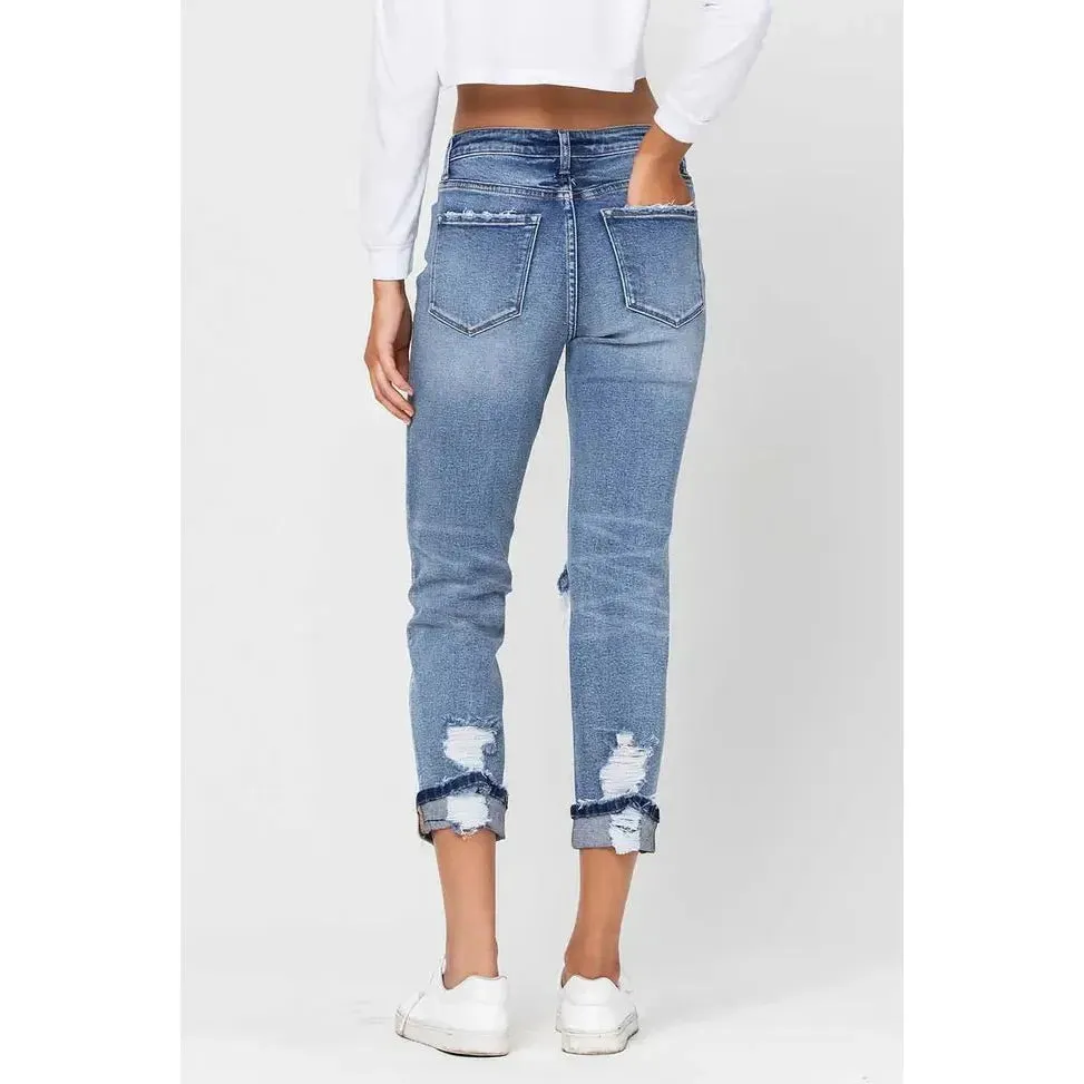 High Rise Button Fly Cuffed Boyfriend Jeans