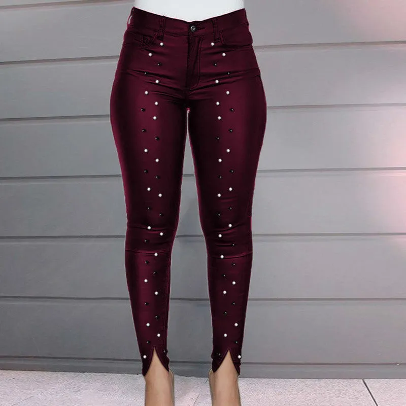 High Waist Beaded Slit Pencil Pants