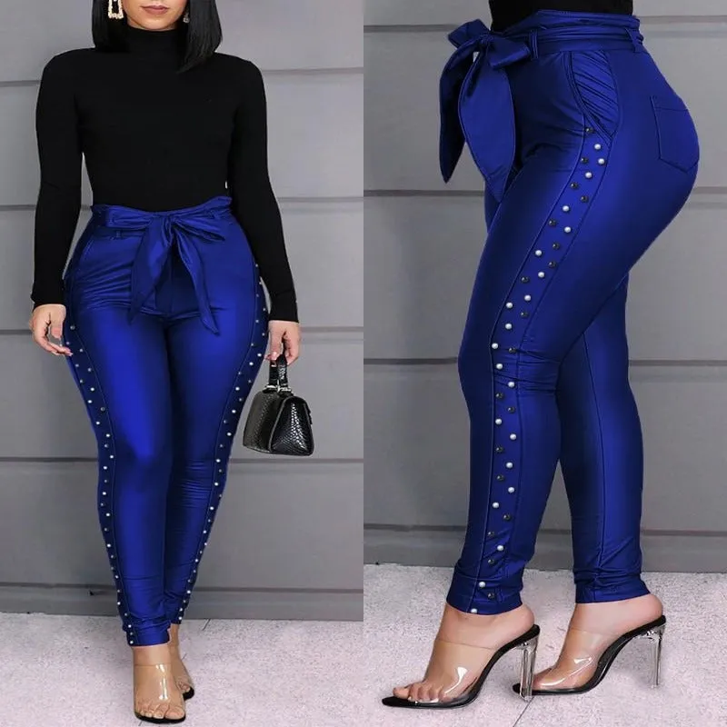 High Waist Beaded Slit Pencil Pants