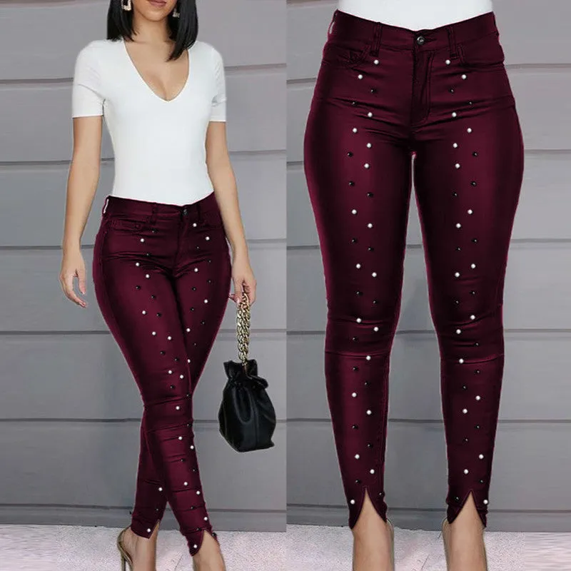 High Waist Beaded Slit Pencil Pants