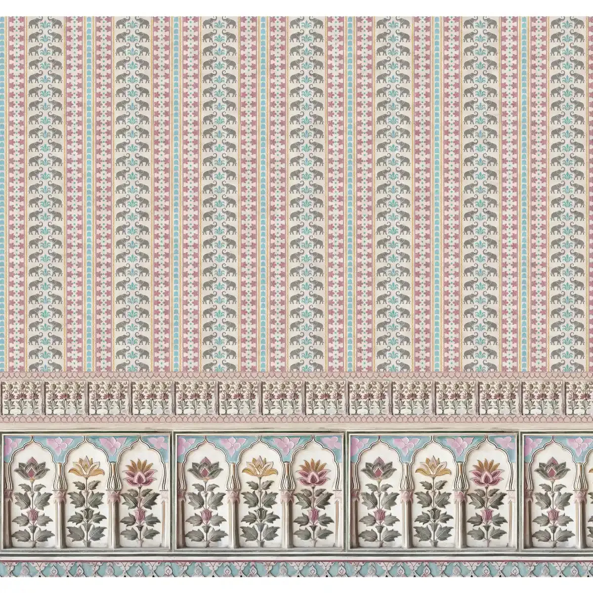 Kala Heritage Elegance: Intricate Indian Temple Art Wallpaper in Pink and Blue