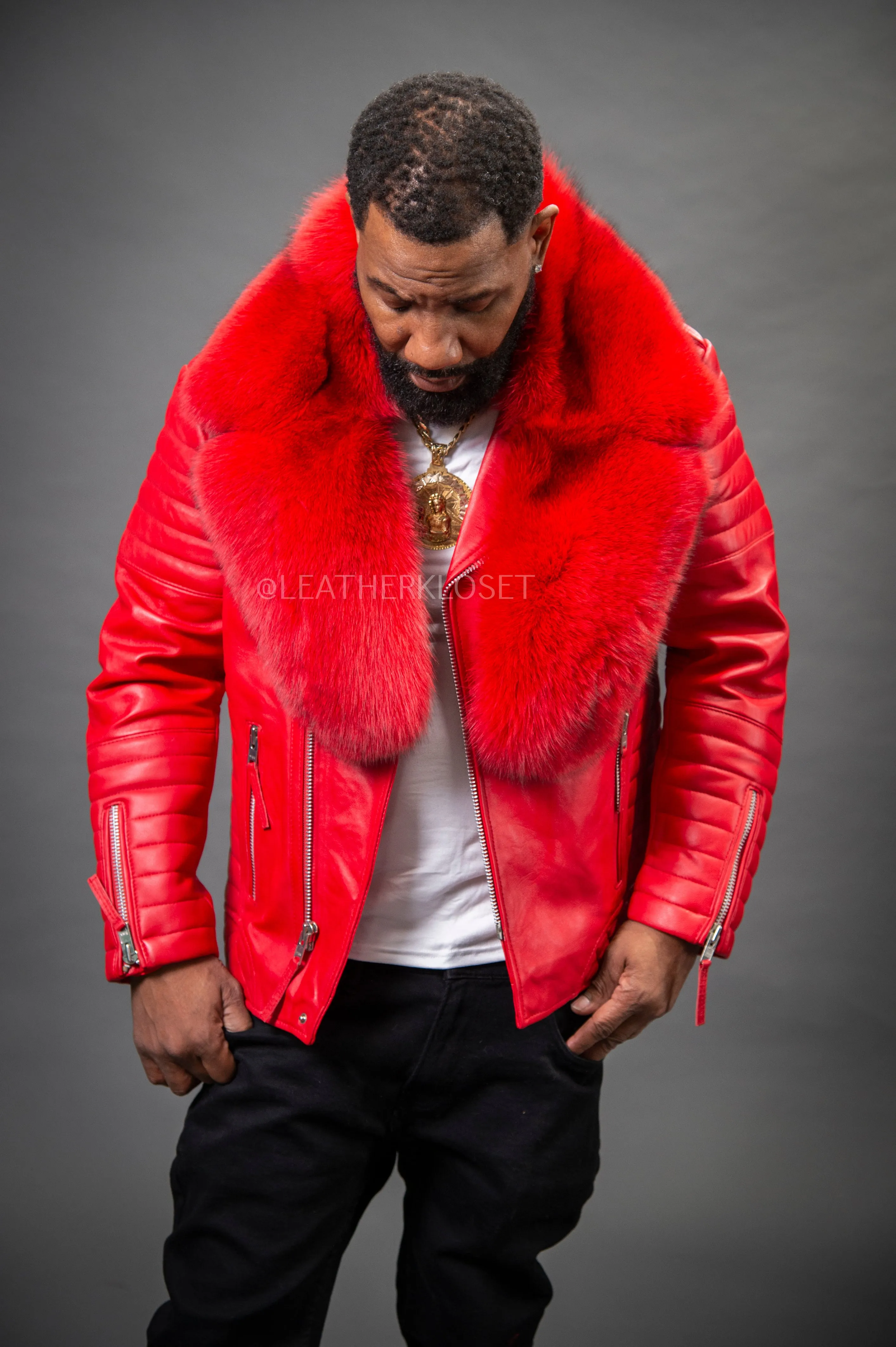 Men's Jay Biker Red With Full Fox Fur Collar [Red]