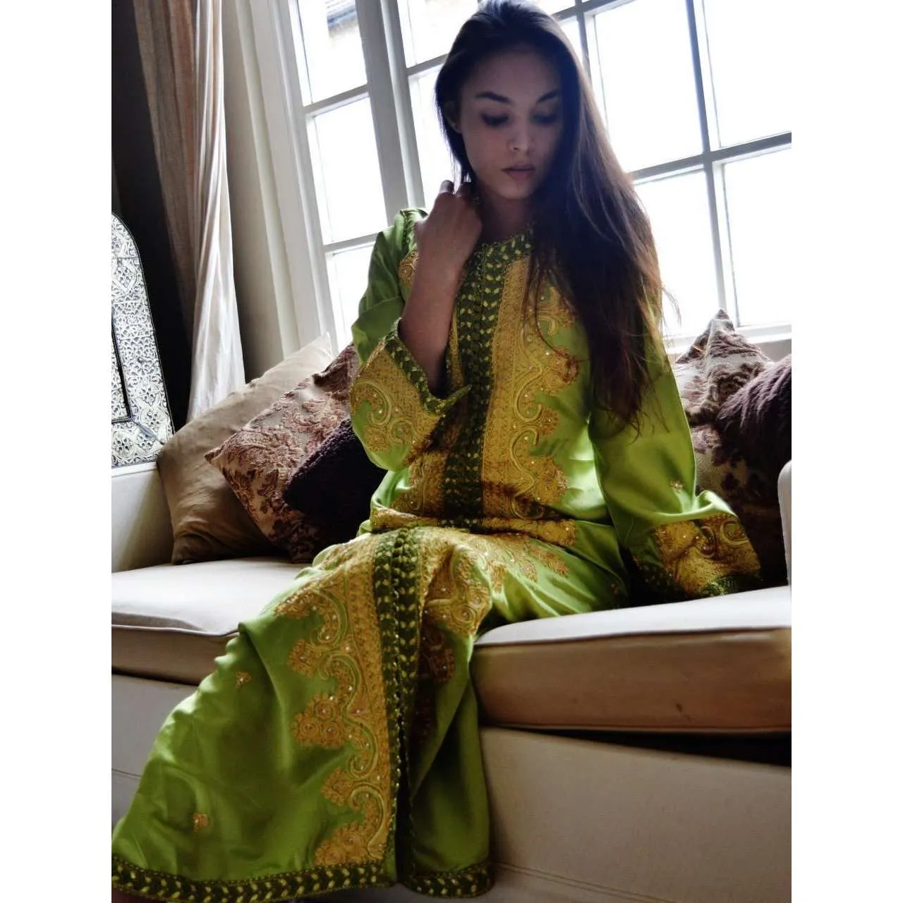 Moss Green with Gold Moroccan Takchita Party Kaftan-Kalia Style