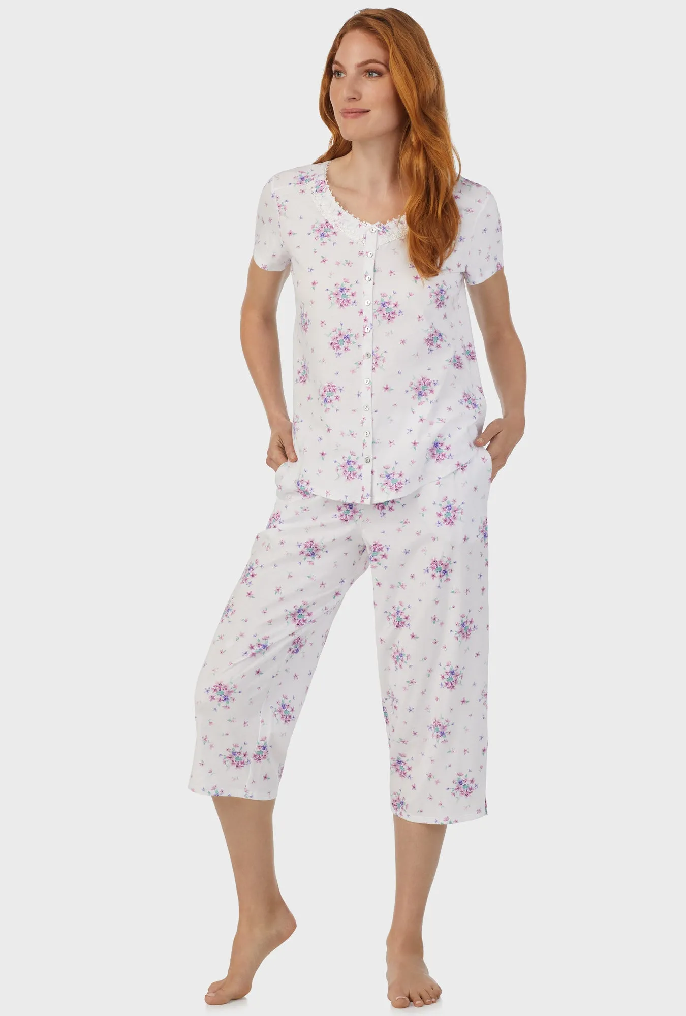 Mulberry Purple Floral Bouquet Short Sleeve Capri Pant PJ Set