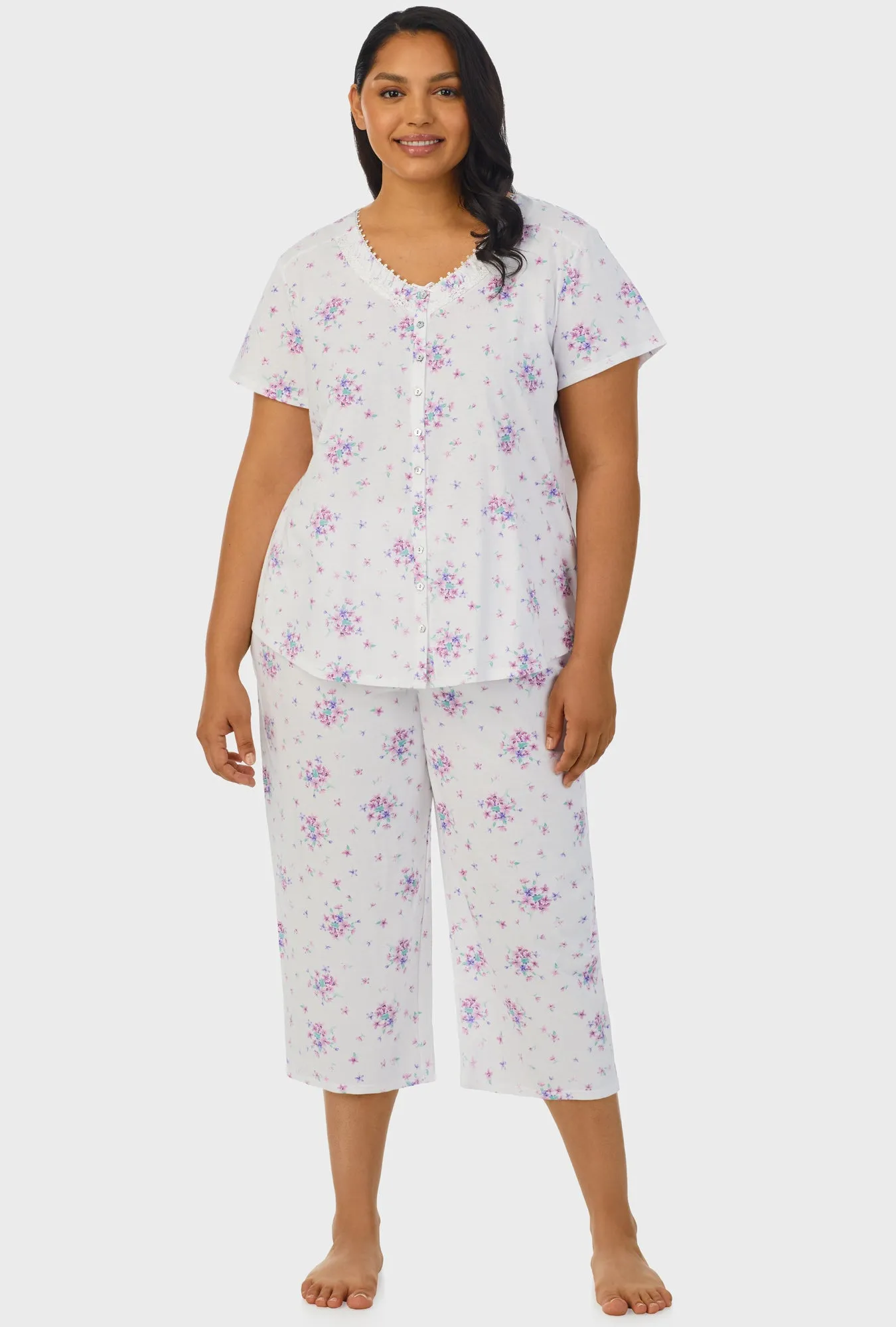 Mulberry Purple Floral Bouquet Short Sleeve Capri Pant PJ Set