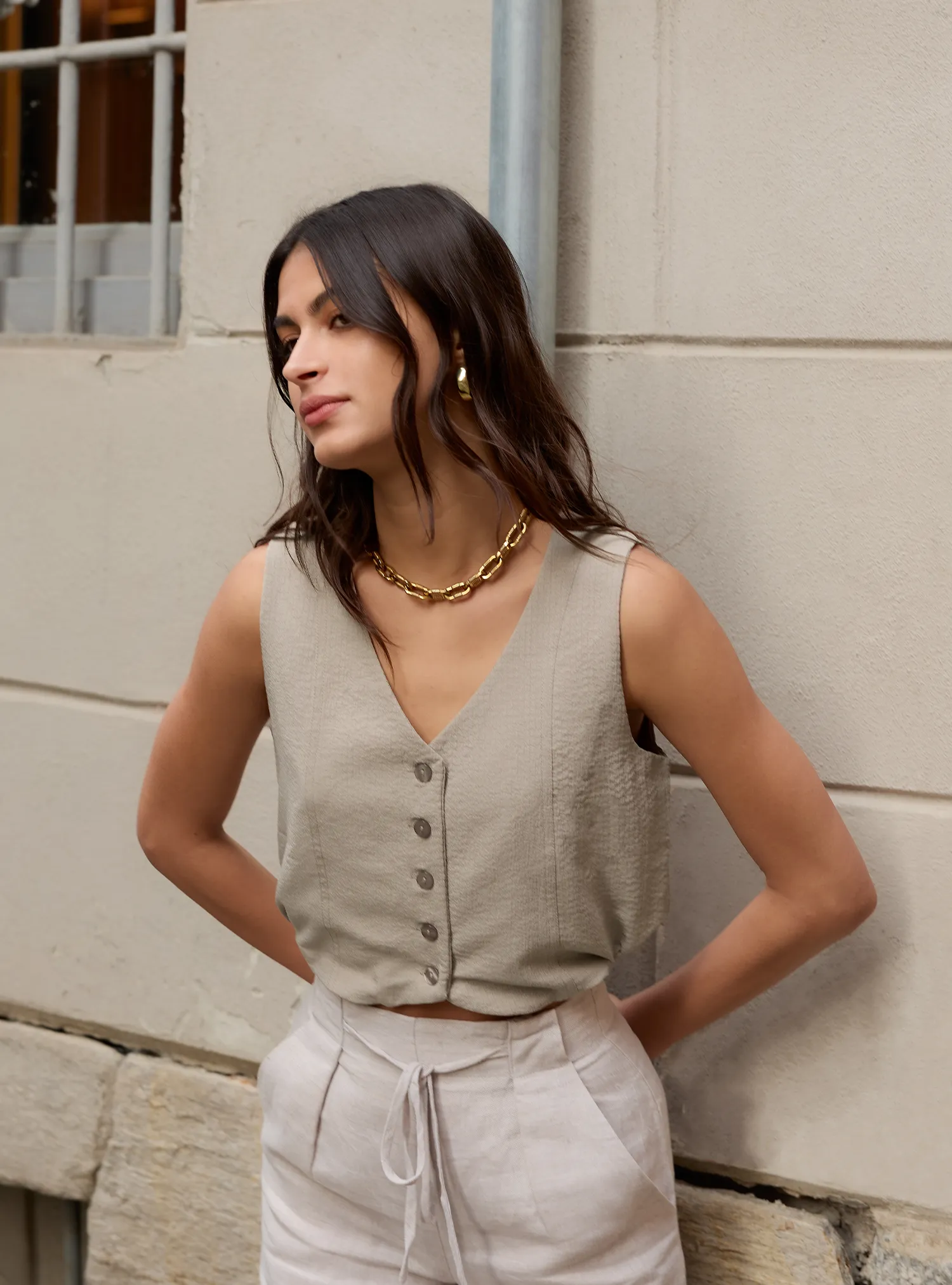 Multi-Way Vest Top (Seersucker Taupe)