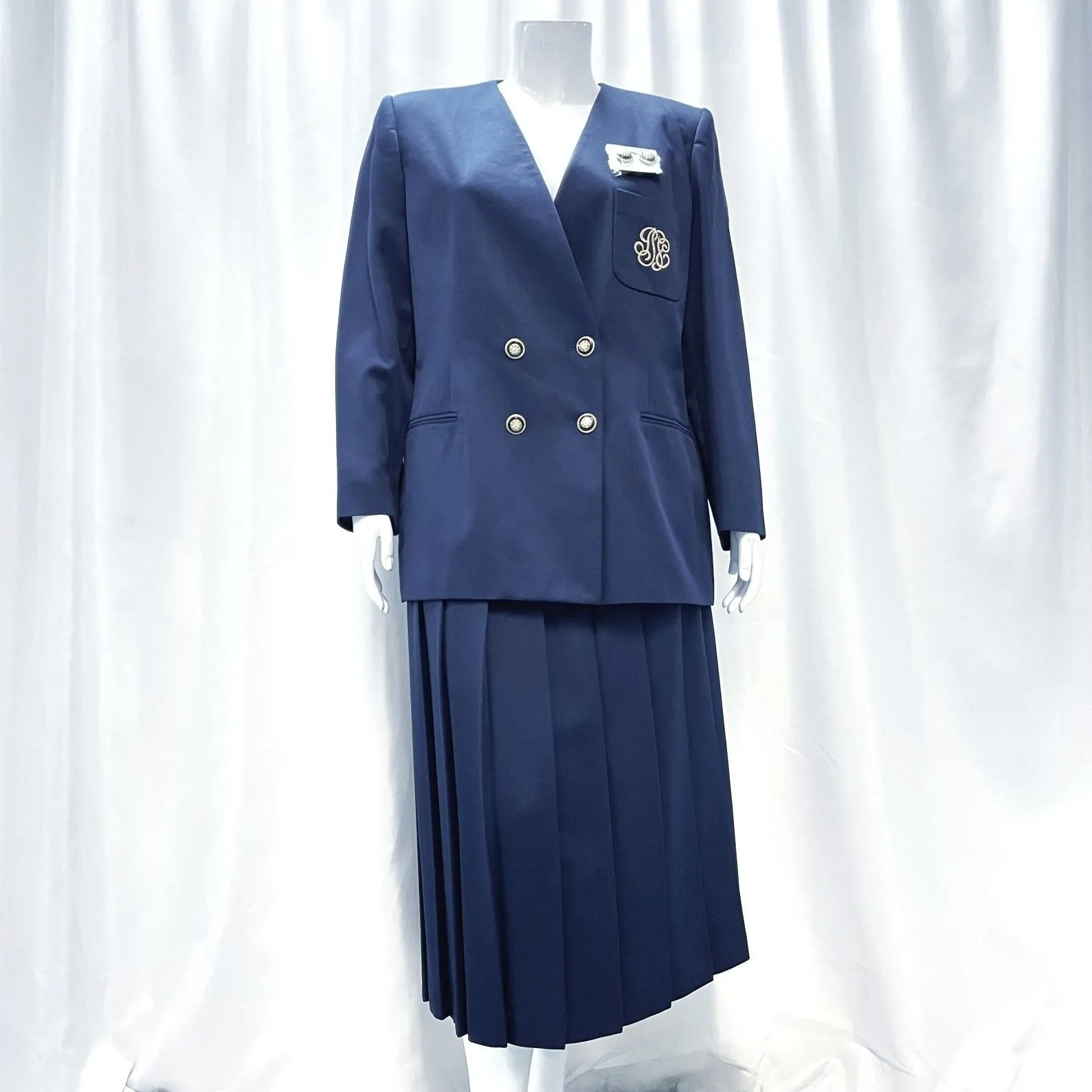 NWT 80s Vintage GILMOR Blue Double Breasted Jacket & Pleated Skirt Suit Sz 22