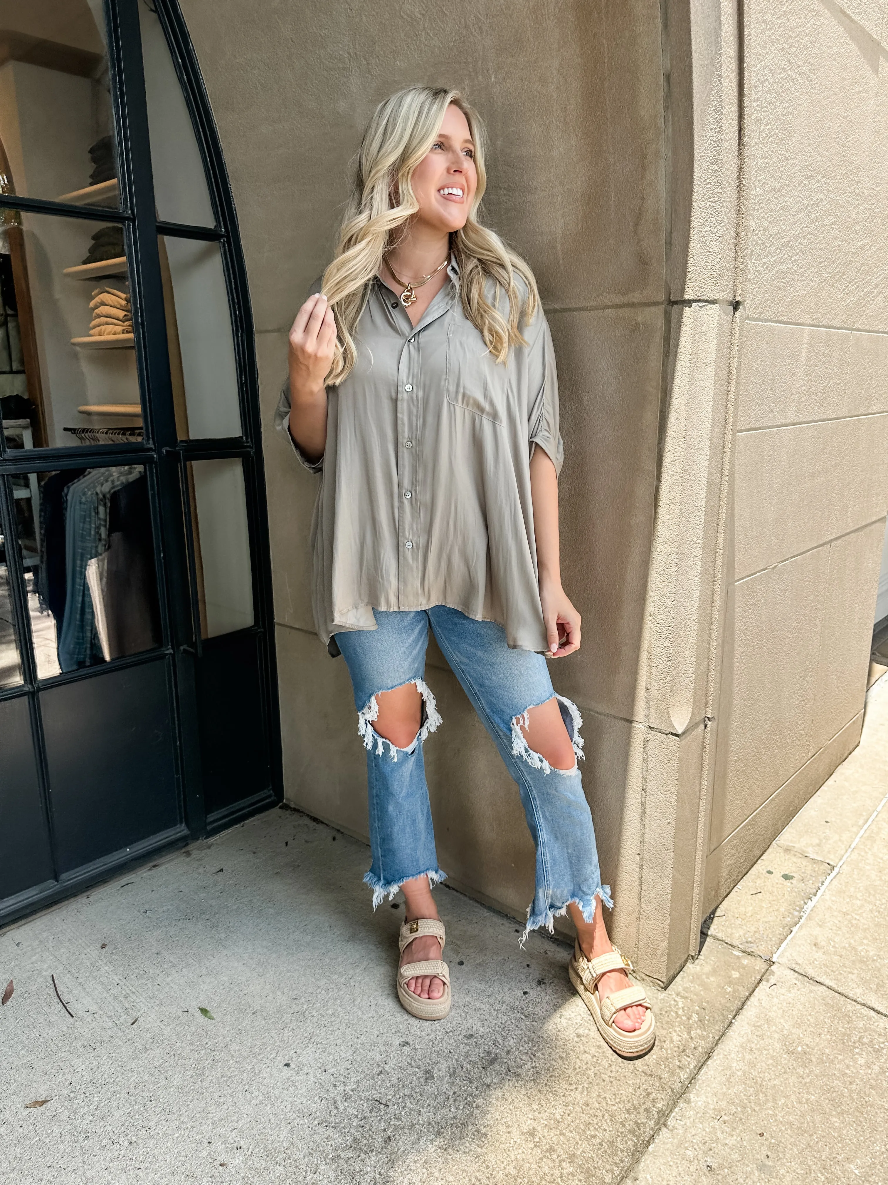 One Pocket Silky Button Down Top