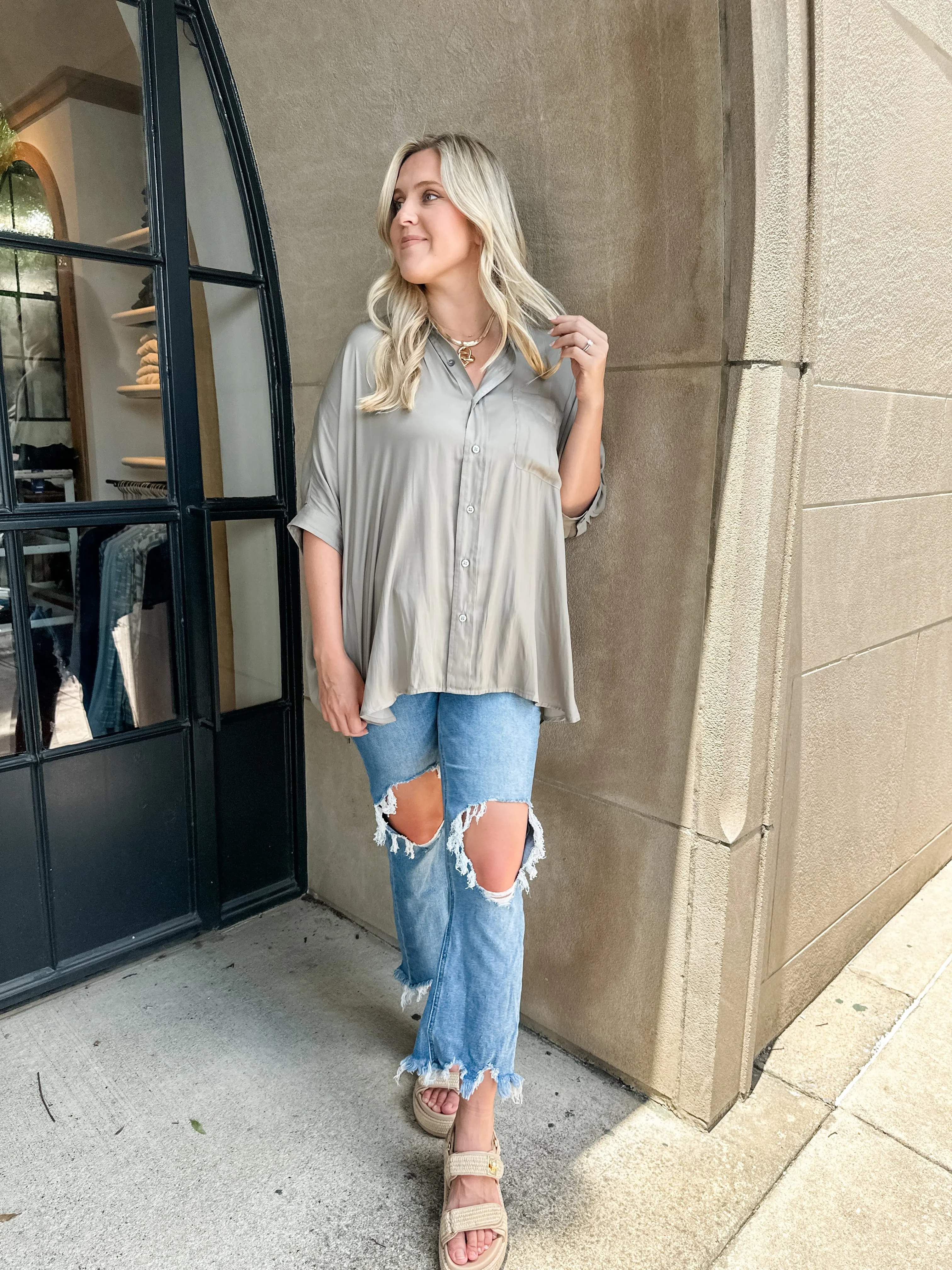 One Pocket Silky Button Down Top