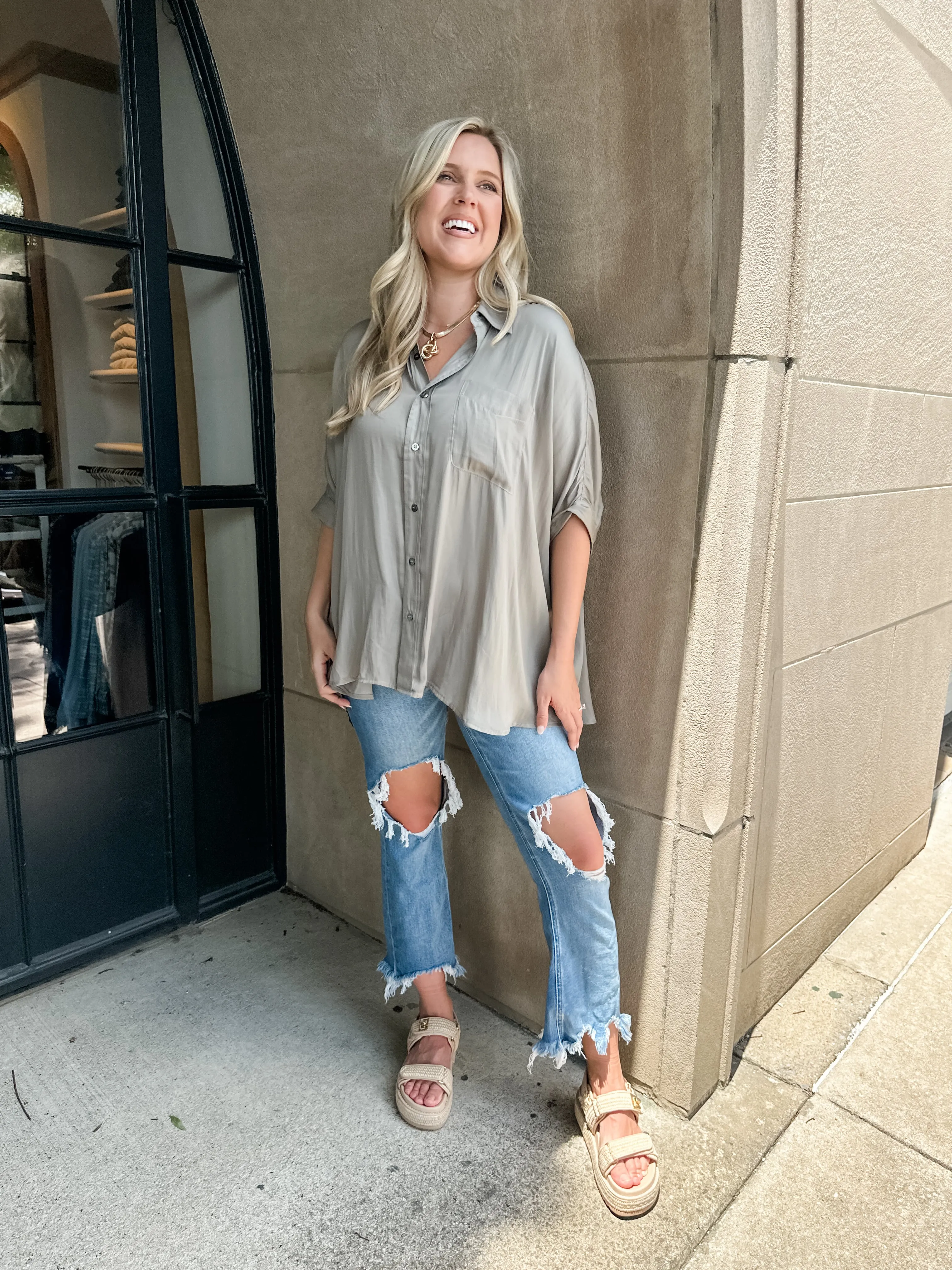 One Pocket Silky Button Down Top