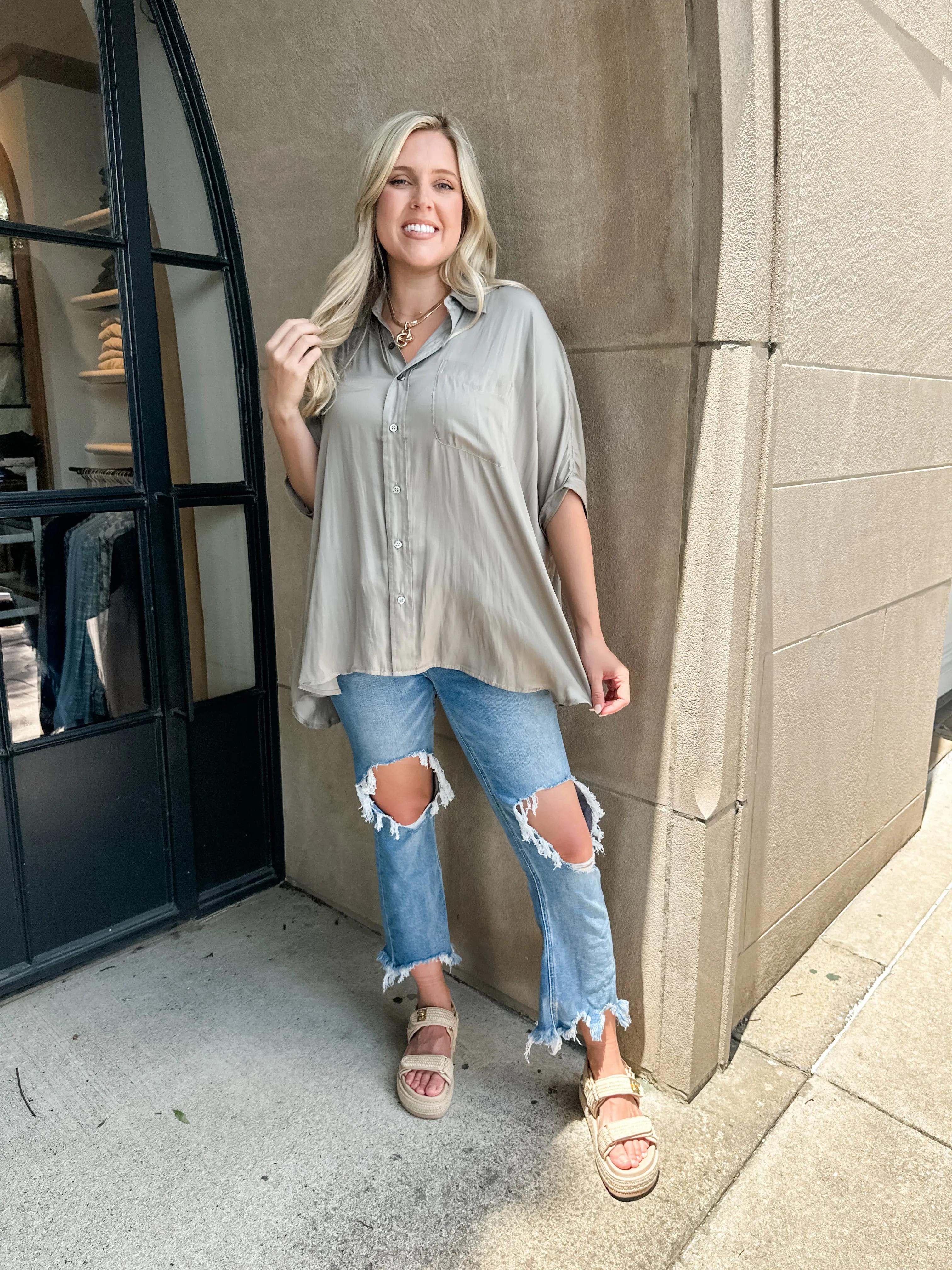 One Pocket Silky Button Down Top