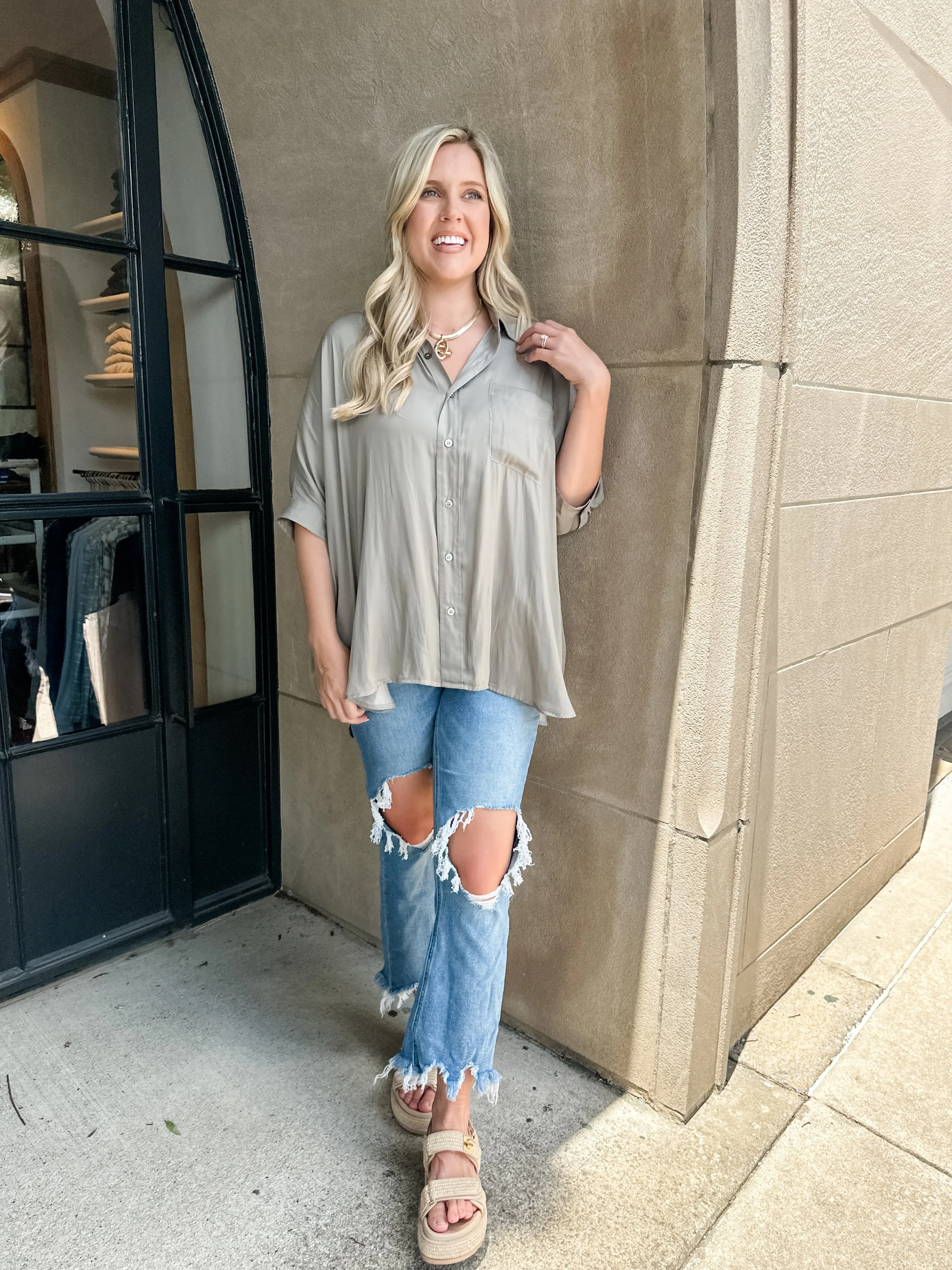 One Pocket Silky Button Down Top