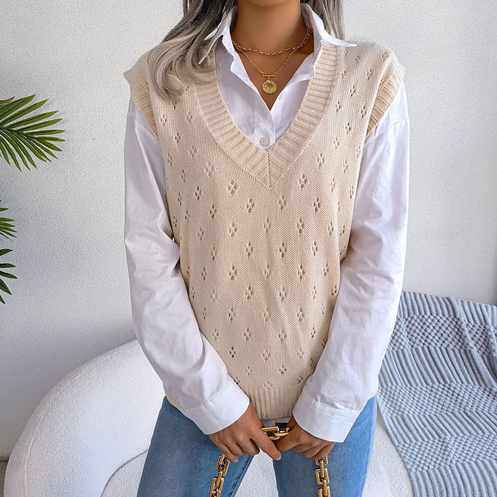 Pretty V Neck Diamond Pointelle Knit Pullover Sweater Vest