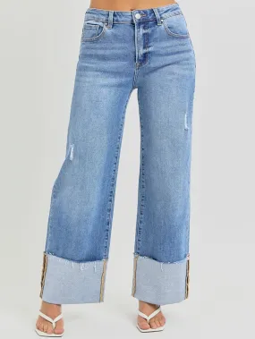 Risen High Rise Ankle Wide Cuffed Jeans - Medium Wash