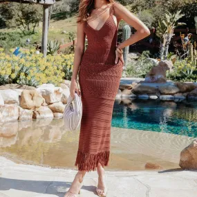 Sexy Deep V Neck Spaghetti Strap Summer Crochet Knit Fringe Slip Midi Dress