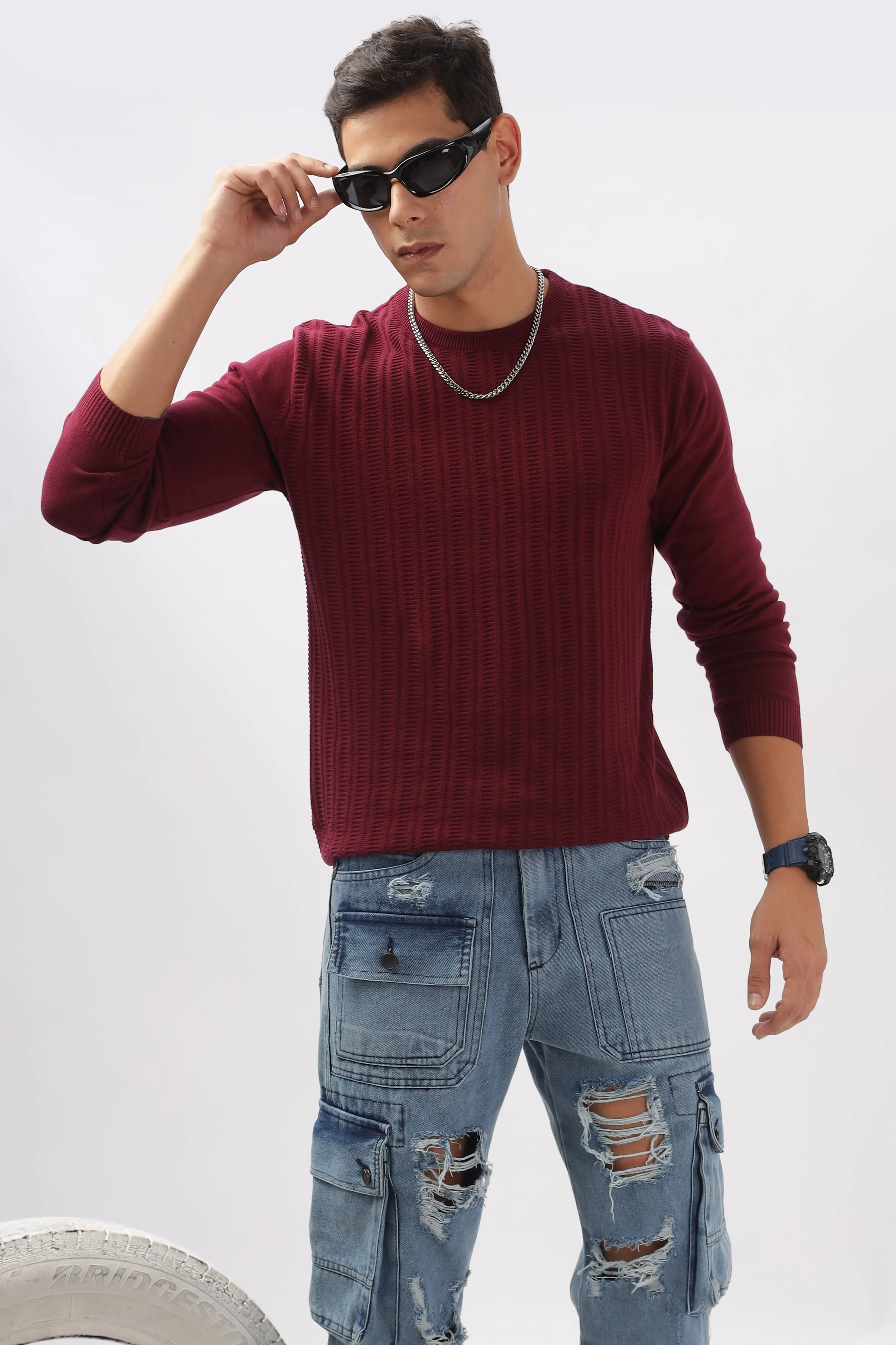 Stripes Knitted Maroon Full-Sleeve T-Shirt