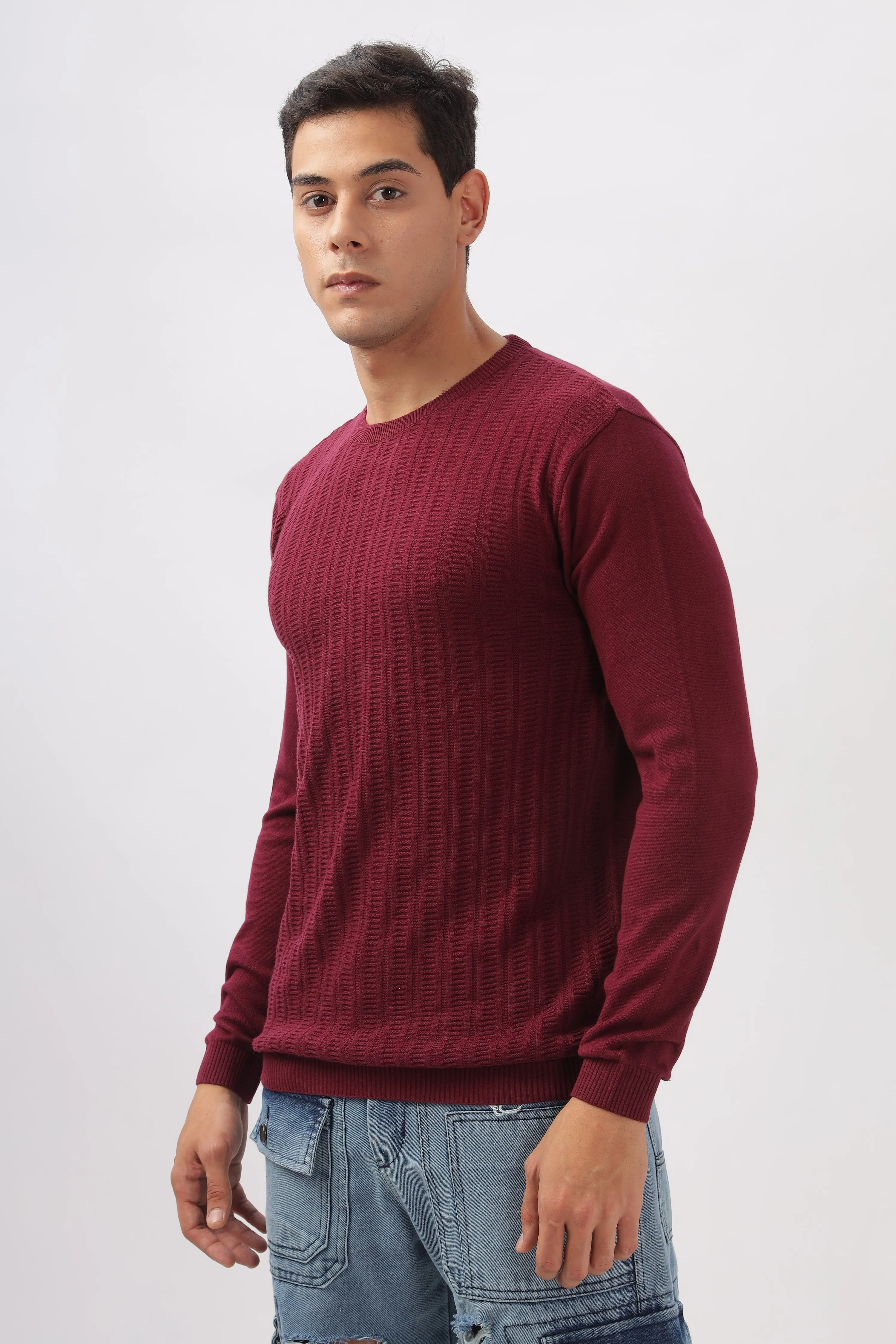 Stripes Knitted Maroon Full-Sleeve T-Shirt