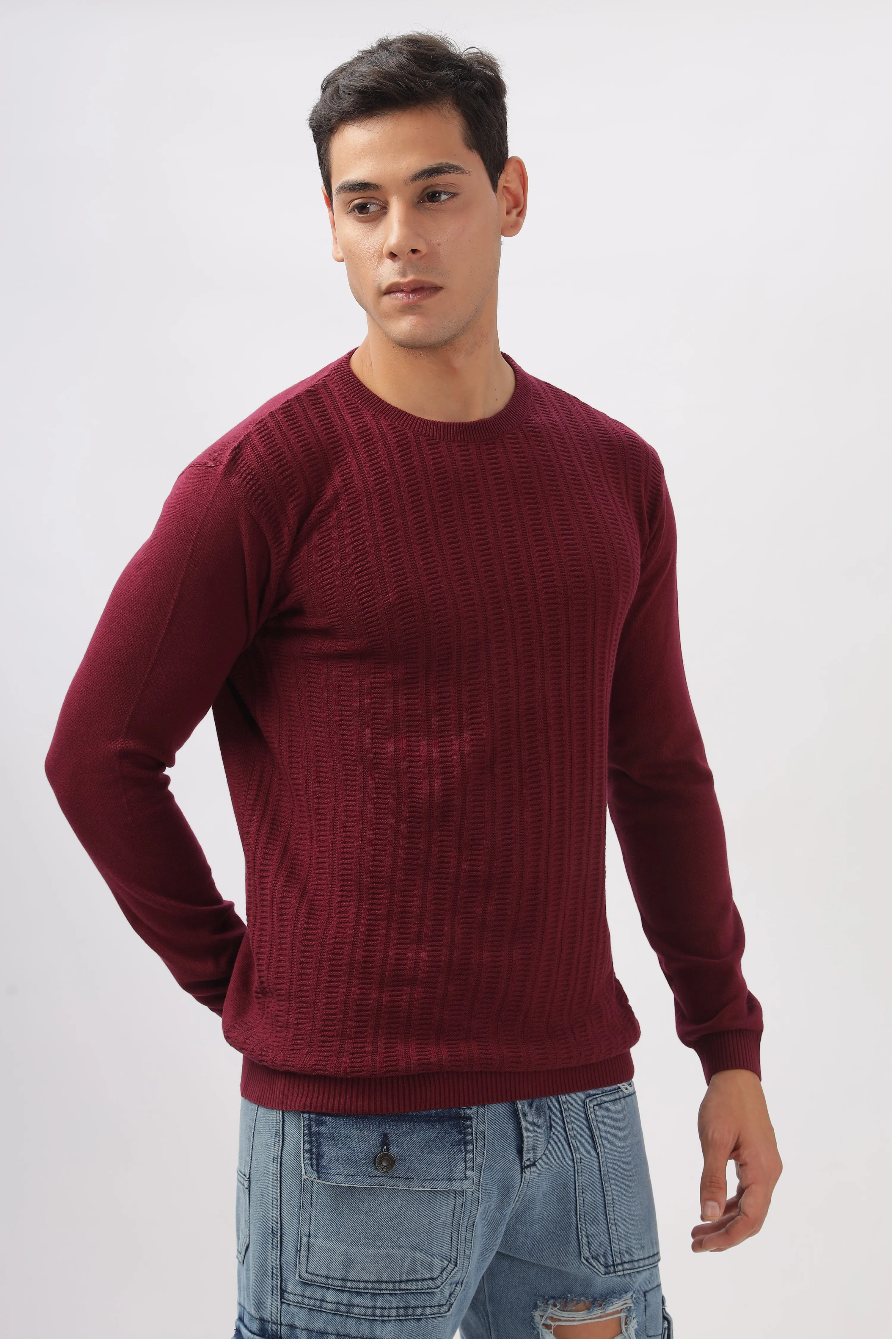 Stripes Knitted Maroon Full-Sleeve T-Shirt