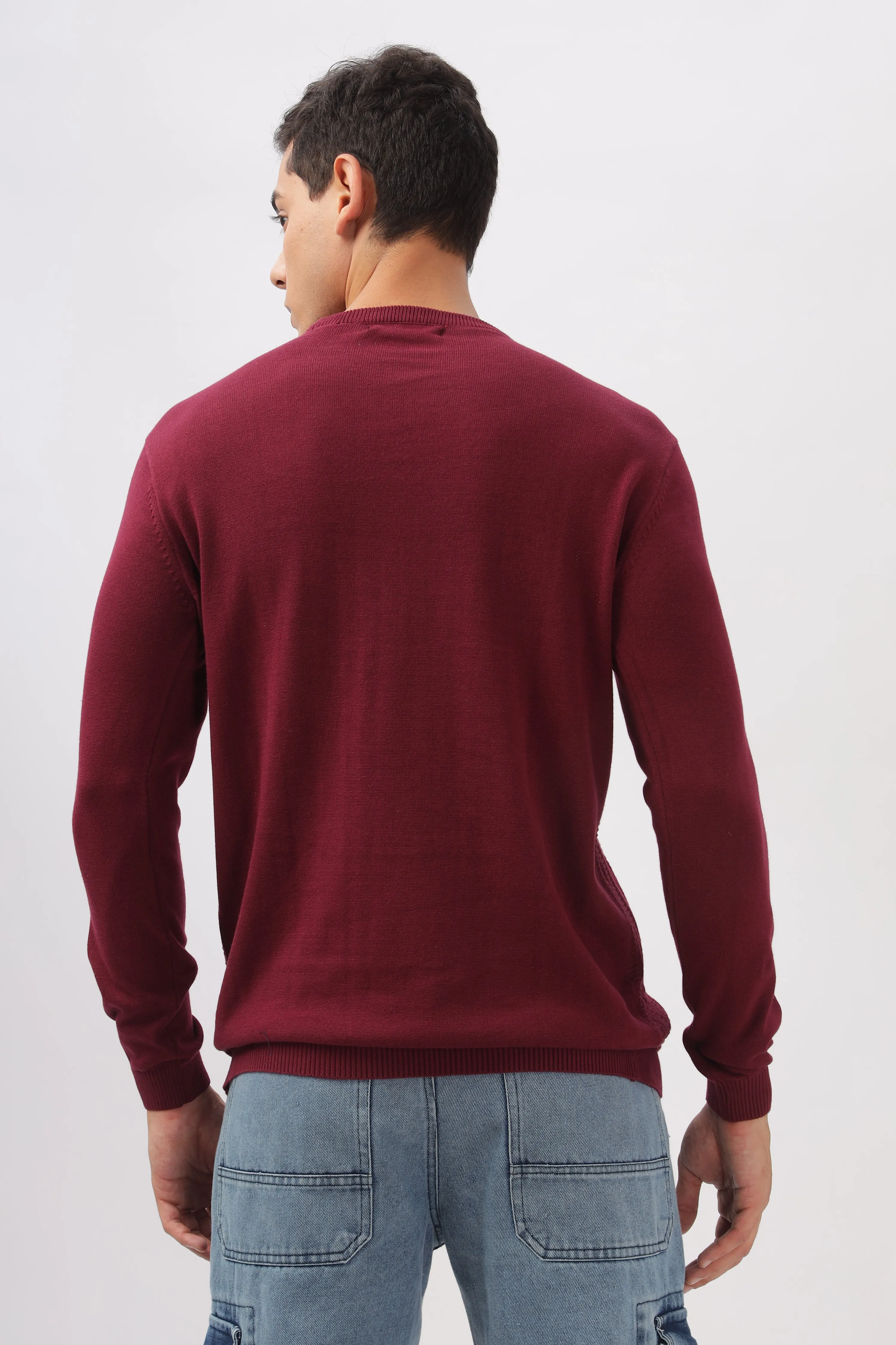 Stripes Knitted Maroon Full-Sleeve T-Shirt