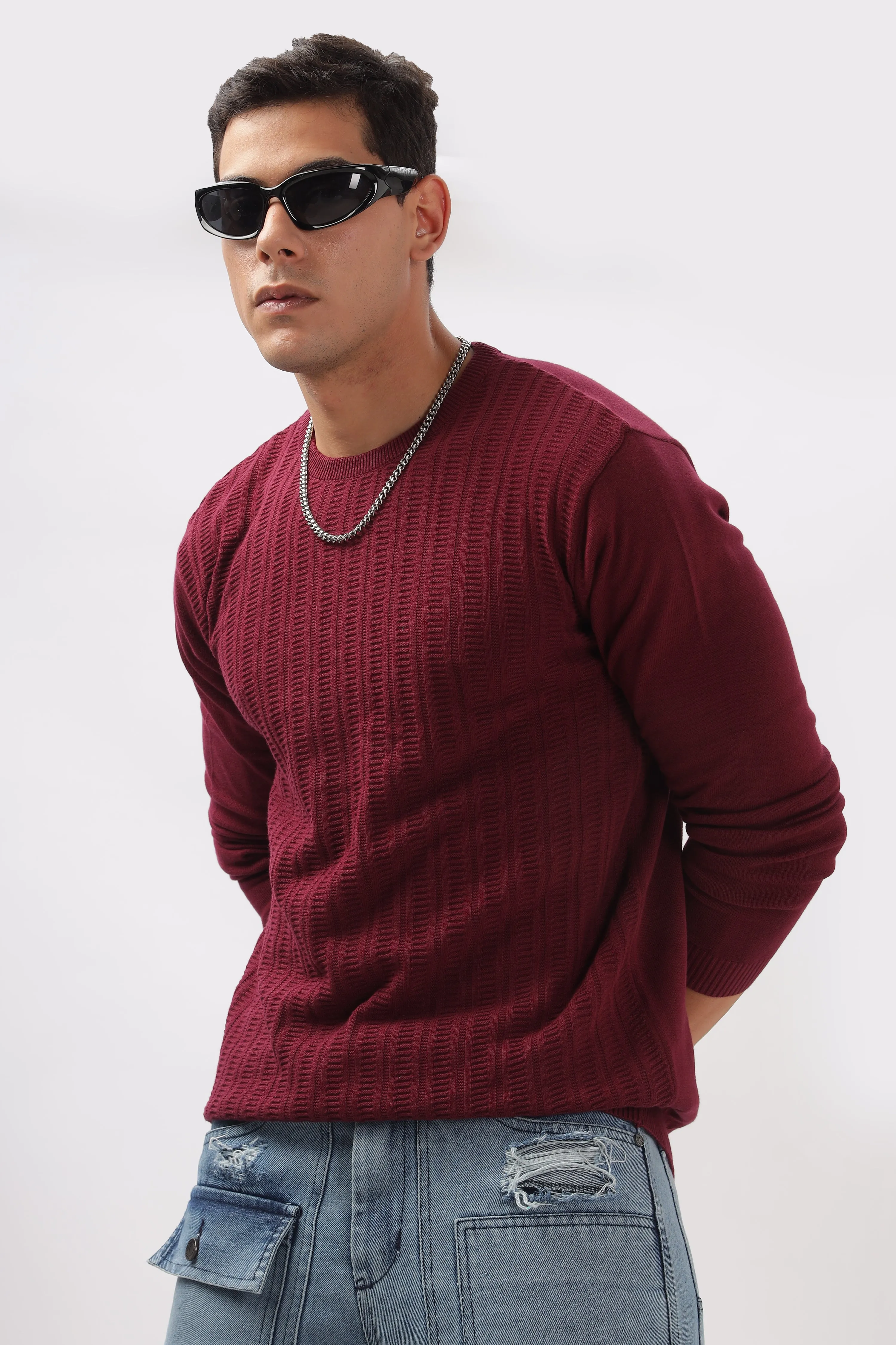 Stripes Knitted Maroon Full-Sleeve T-Shirt