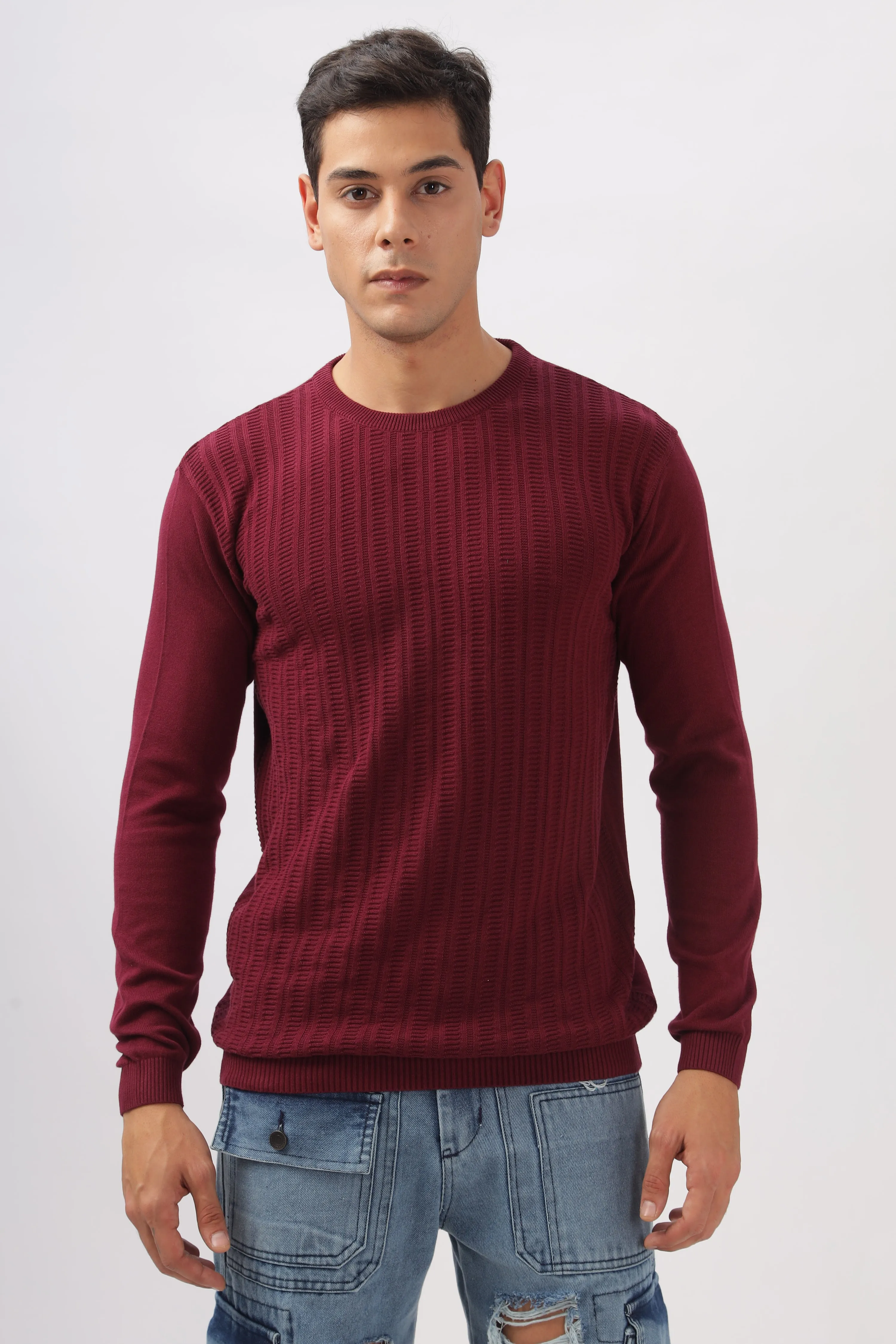 Stripes Knitted Maroon Full-Sleeve T-Shirt