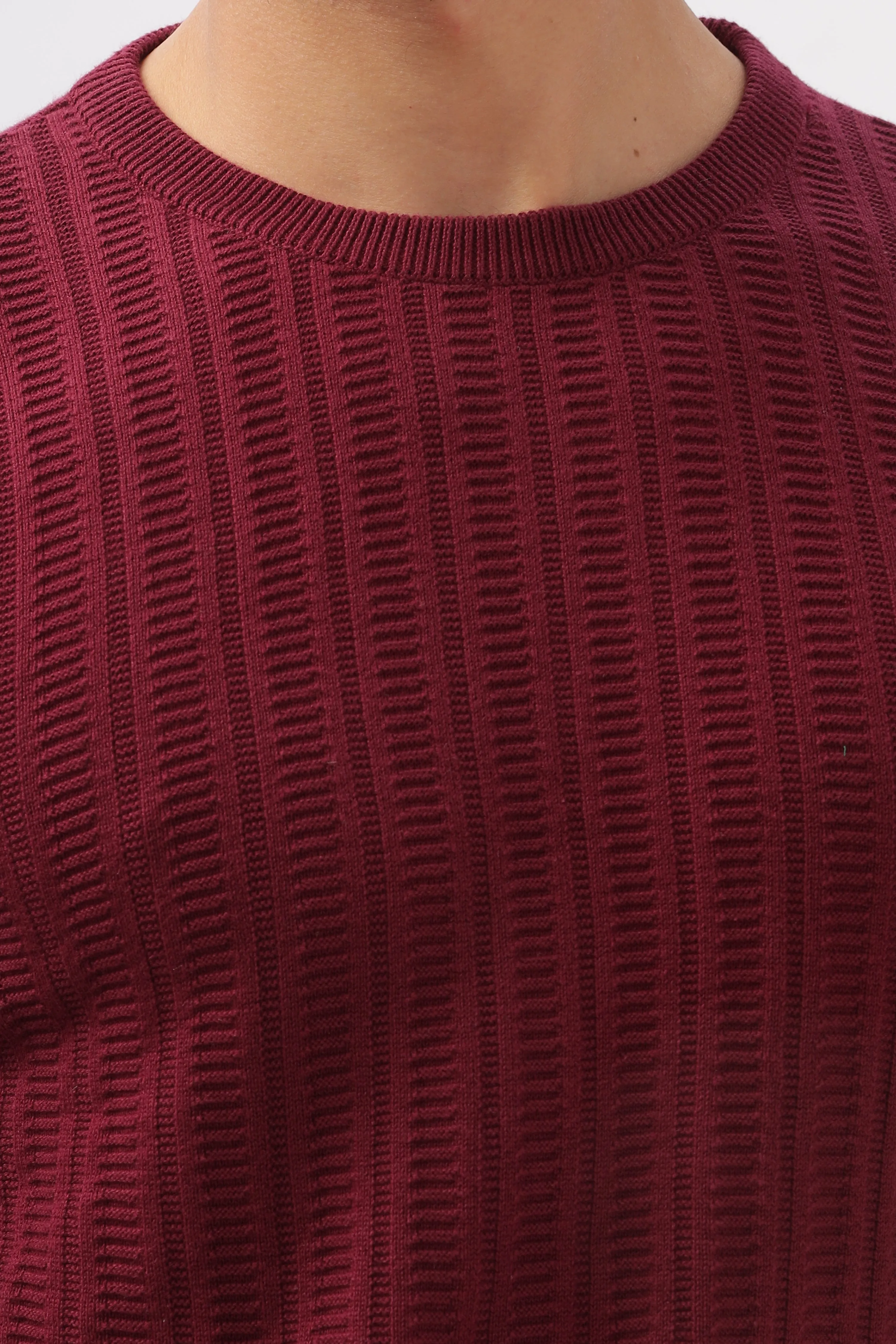 Stripes Knitted Maroon Full-Sleeve T-Shirt