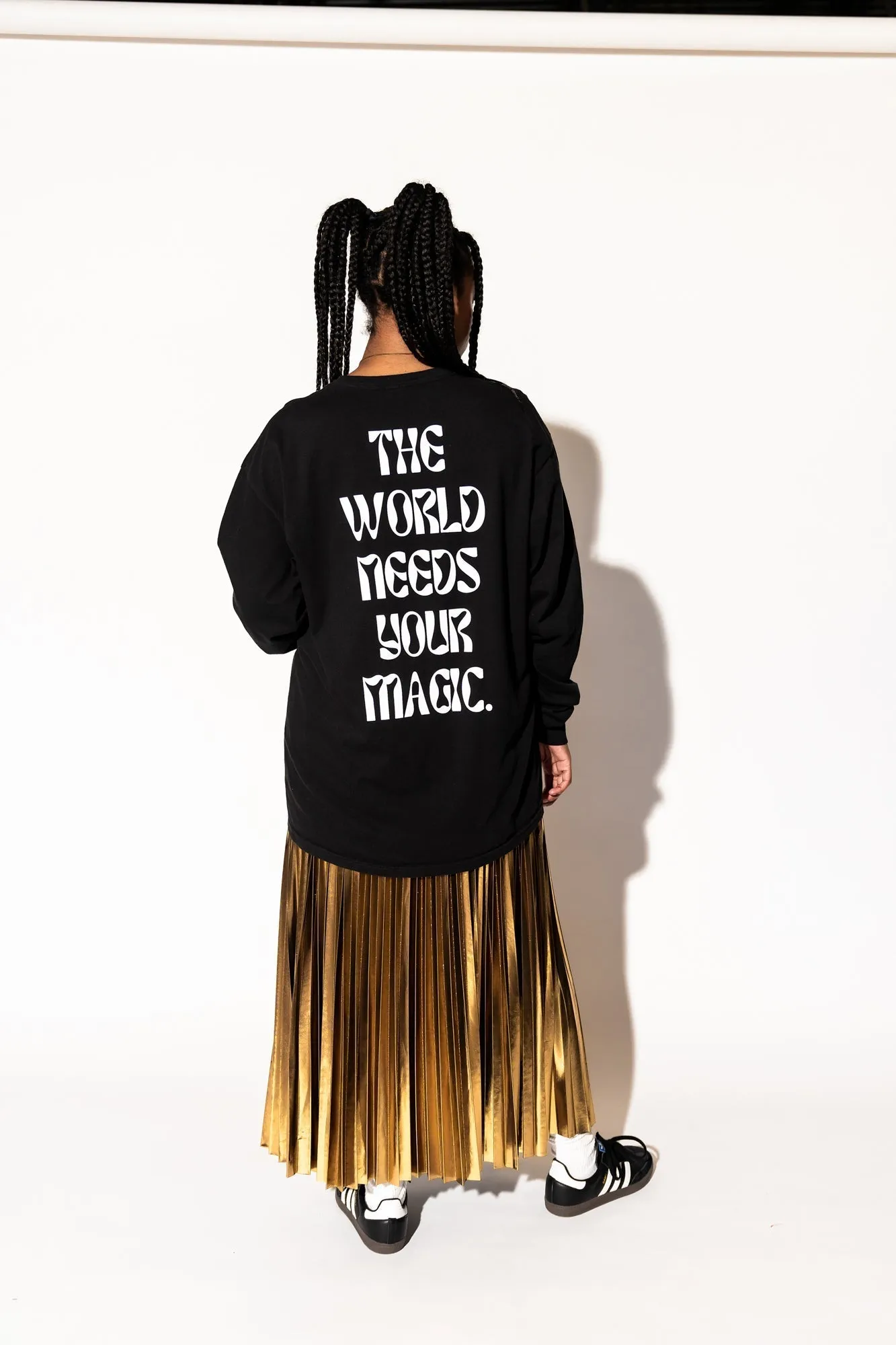 The World Needs Your Magic Groovy Oversized Long Sleeve Tee in Black   White