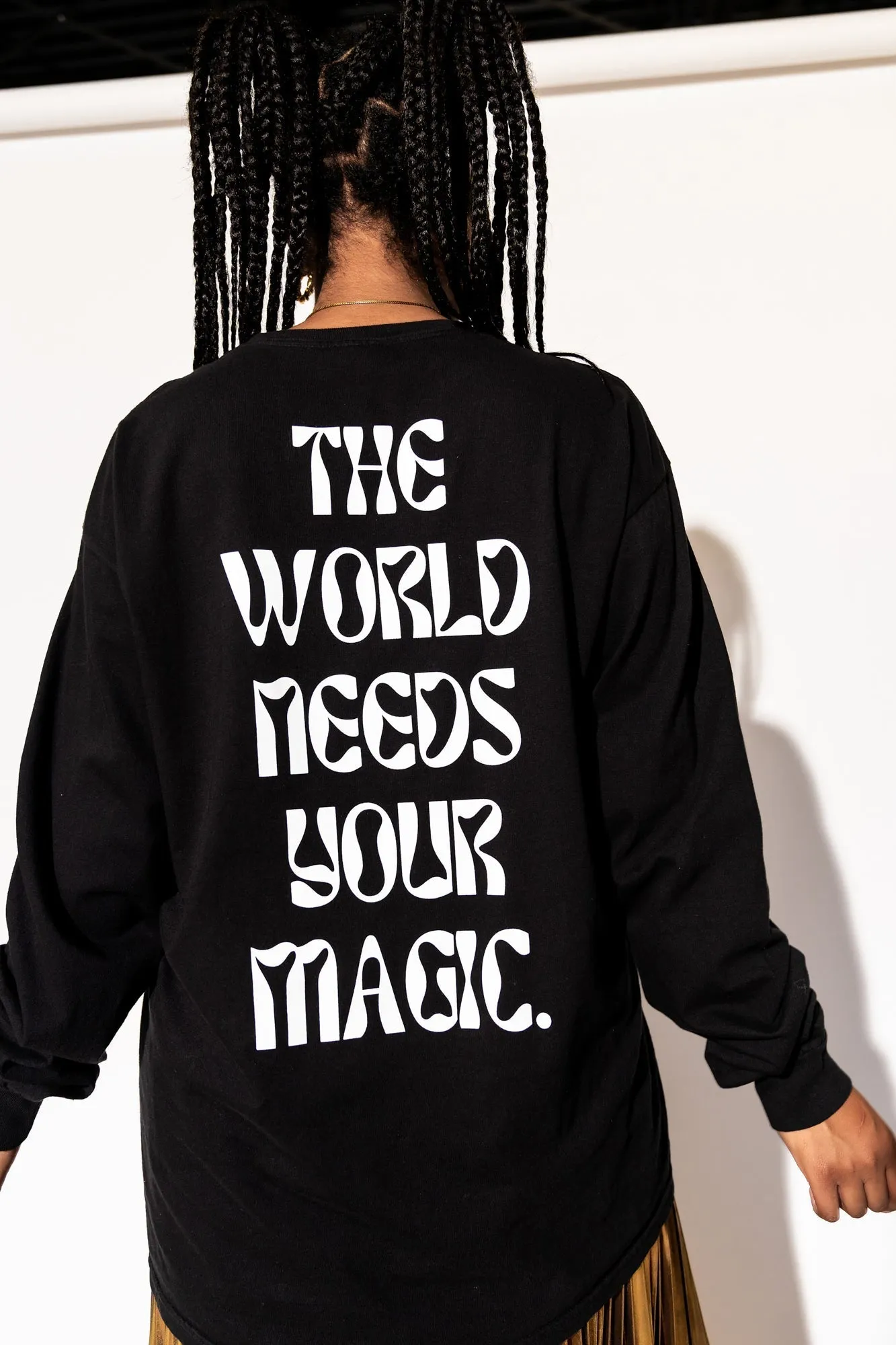 The World Needs Your Magic Groovy Oversized Long Sleeve Tee in Black   White