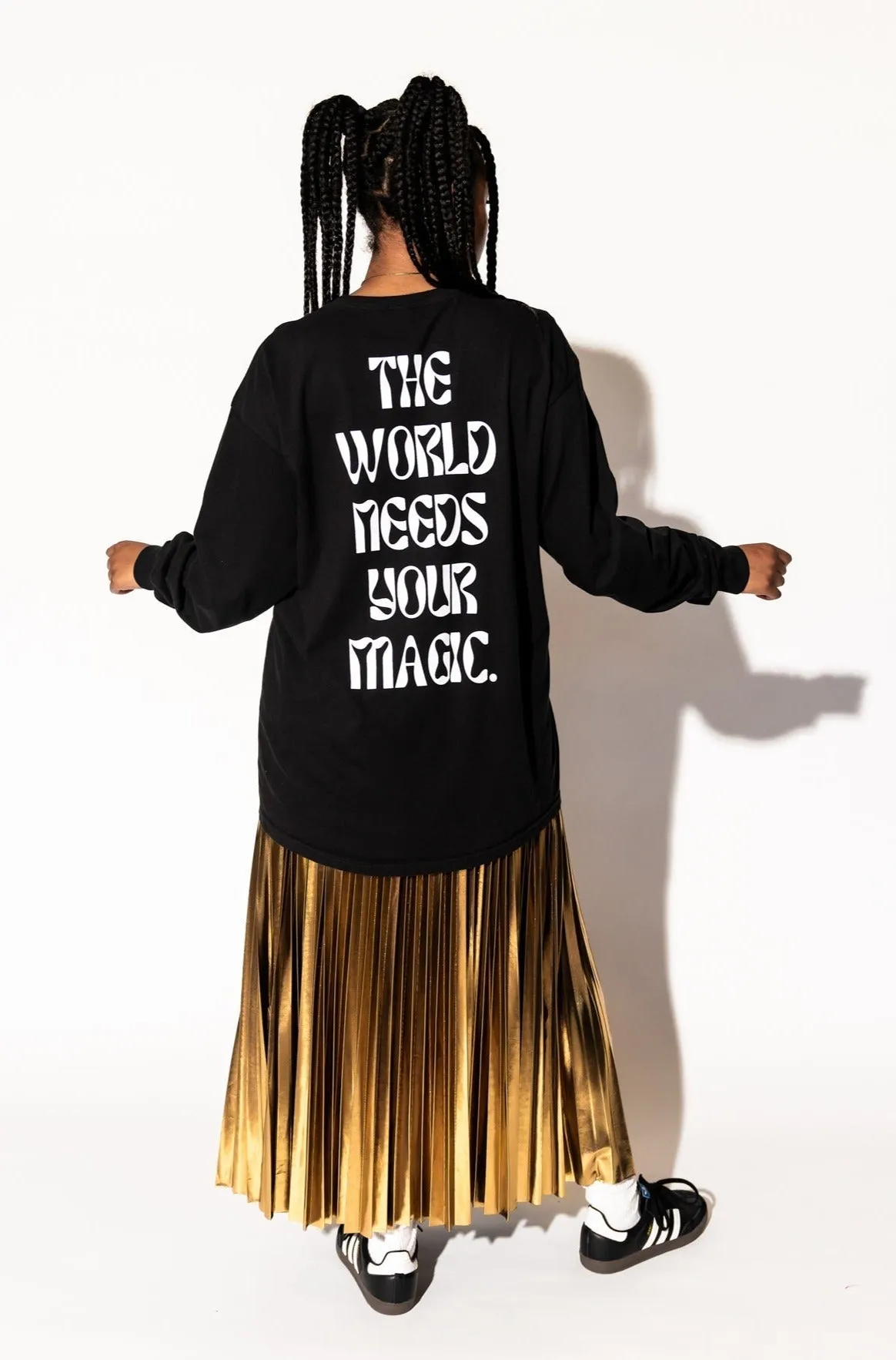 The World Needs Your Magic Groovy Oversized Long Sleeve Tee in Black   White