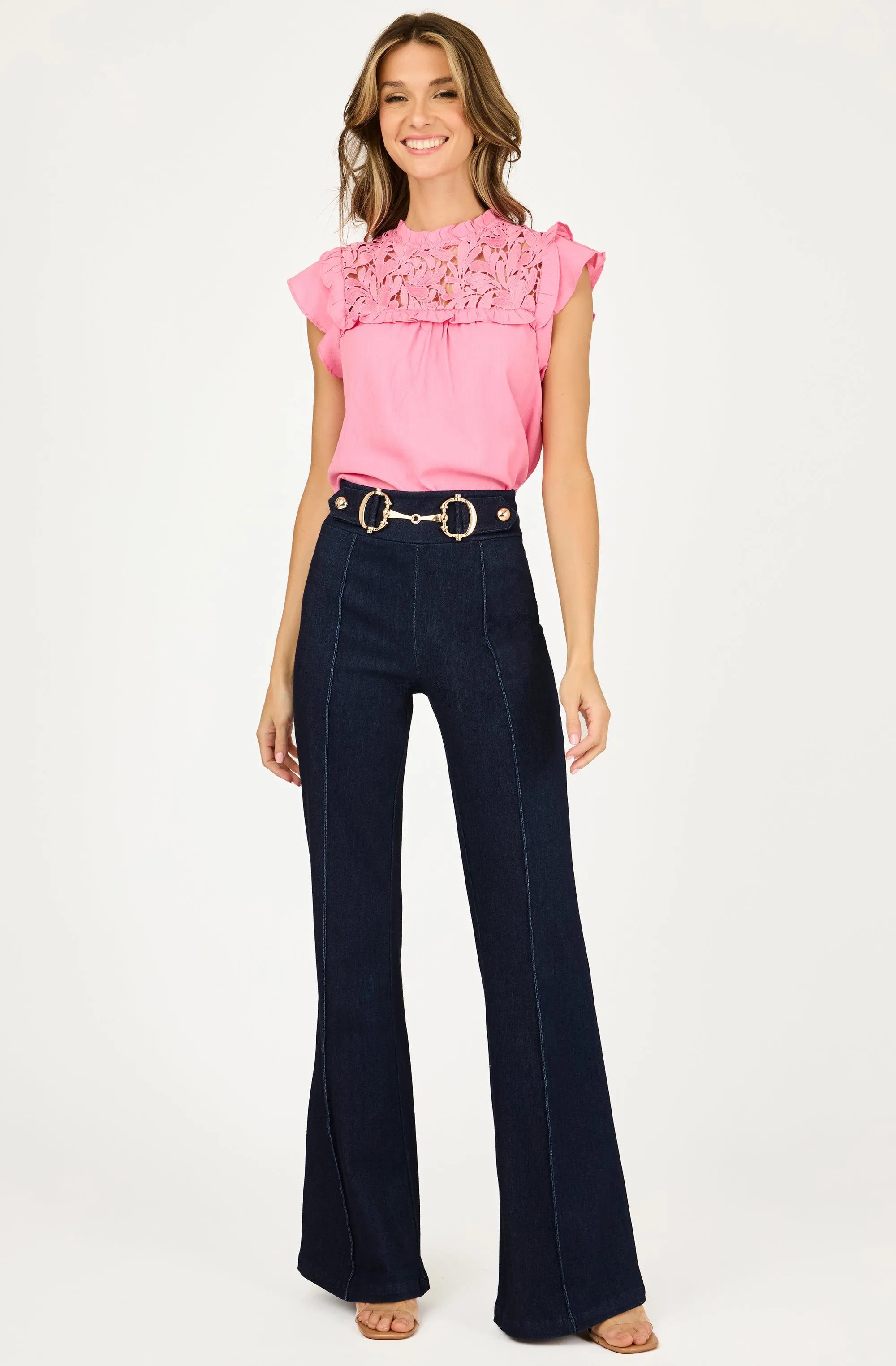 Wide Leg Denim Pant with Gold Buckle