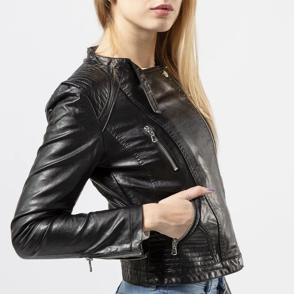 Women's Collarless Leather Jacket- Jazel