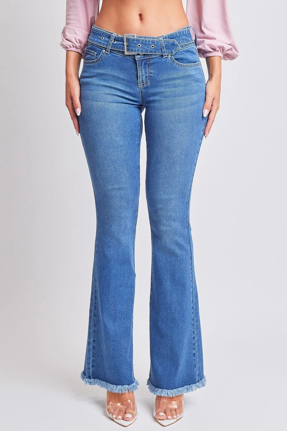 Women's Flare Denim Jeans With Belt Buckle Feature