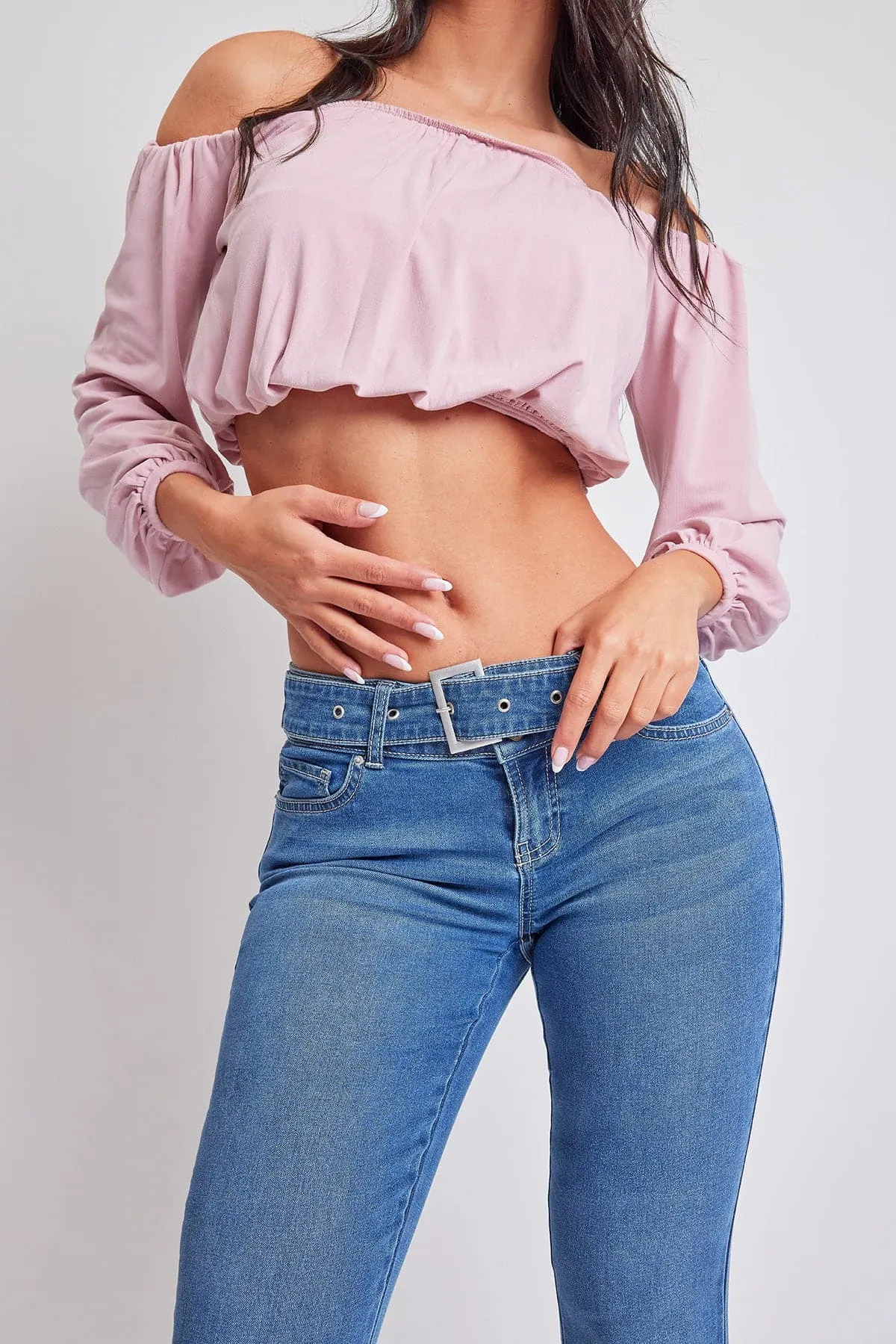 Women's Flare Denim Jeans With Belt Buckle Feature