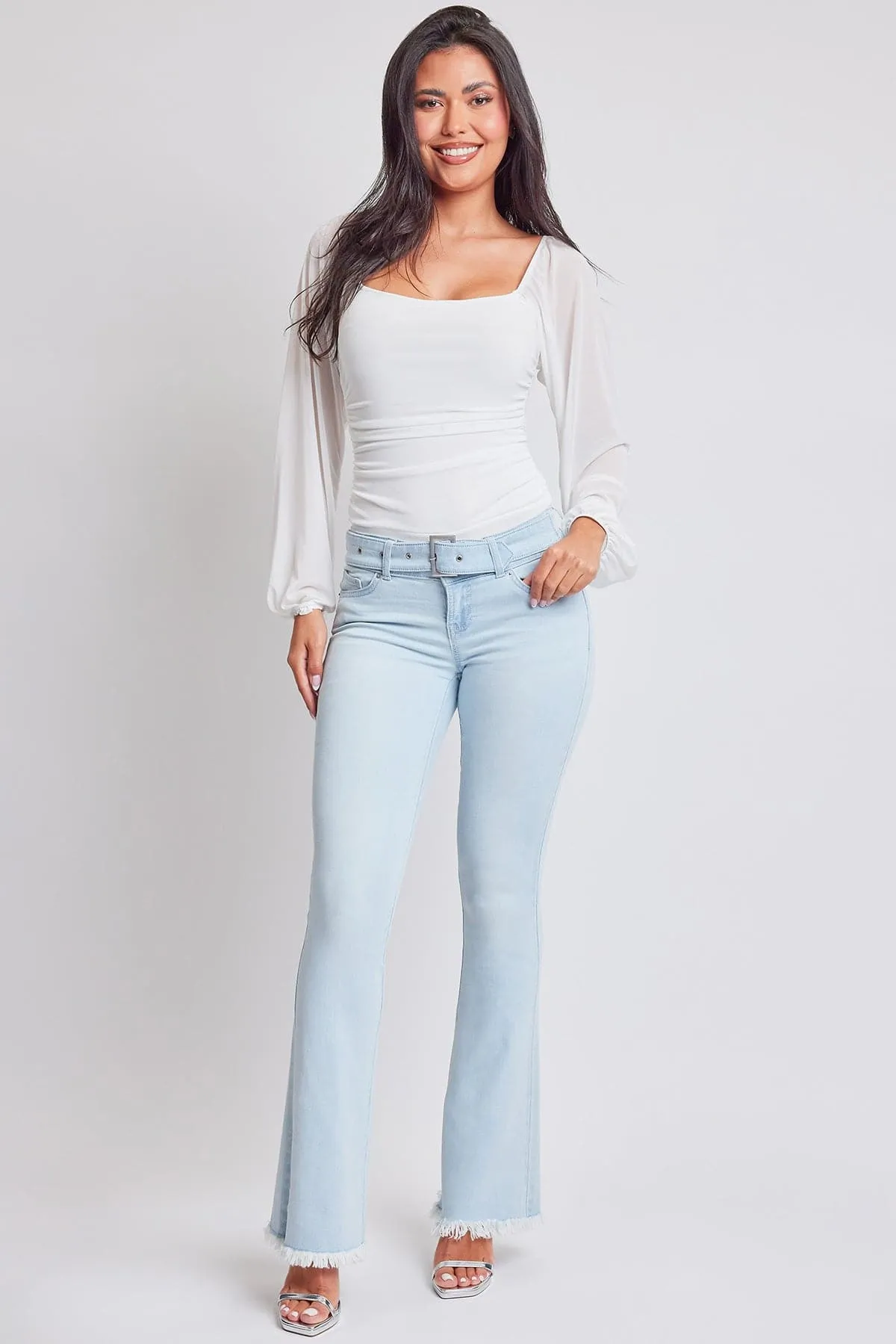 Women's Flare Denim Jeans With Belt Buckle Feature