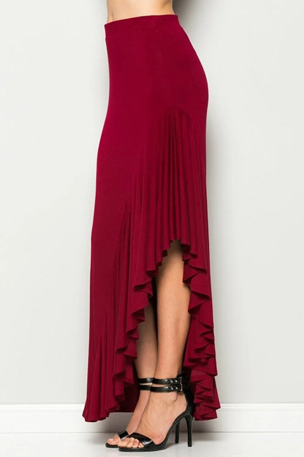 Womens Romantic Valentine Wine Ruffle Slit Maxi Skirt U.S.A