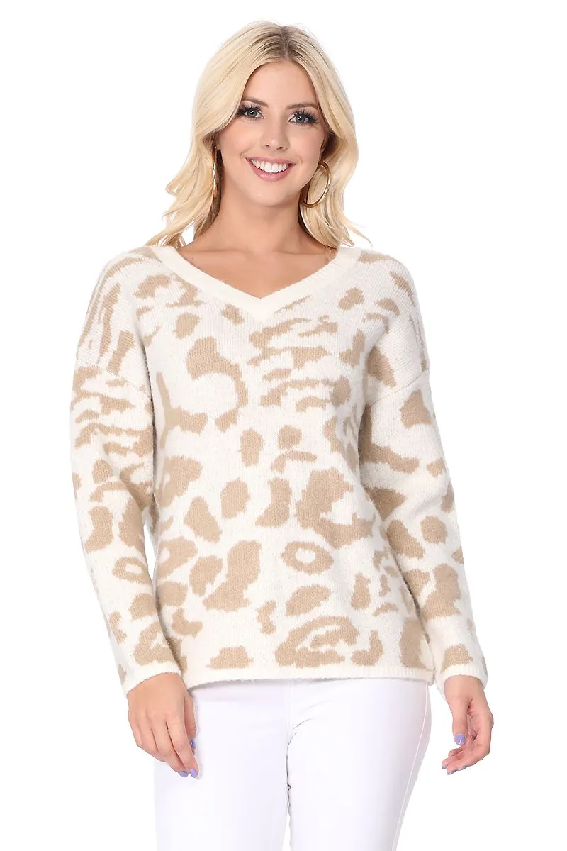 YEMAK Women's Chunky Leopard Patterned V-Neck Long Sleeve Top Sweater Pullover MK8252