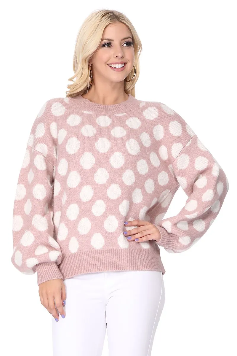 Yemak Women's Chunky Polka Dot Crewneck Long Sleeve Top Sweater Pullover MK8253