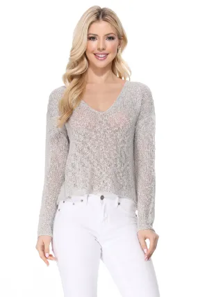 Yemak Women's Long Sleeve V-Neck Cropped Summer Pullover Knit Sweater MK8268 (S-L)